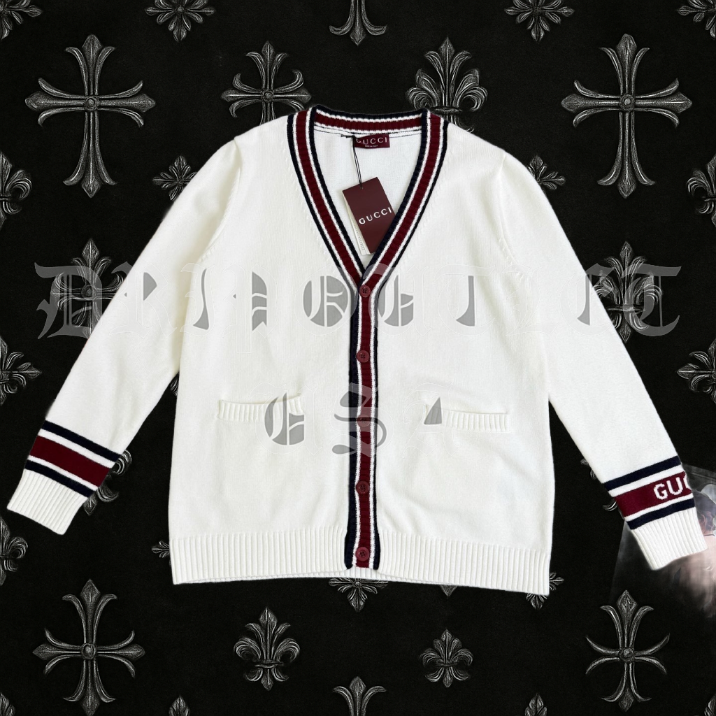 Gucci Ivory Wool Web Trim Cardigan – Red & Navy Striped Designer Knit
