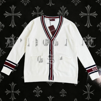 Gucci Ivory Wool Web Trim Cardigan – Red & Navy Striped Designer Knit