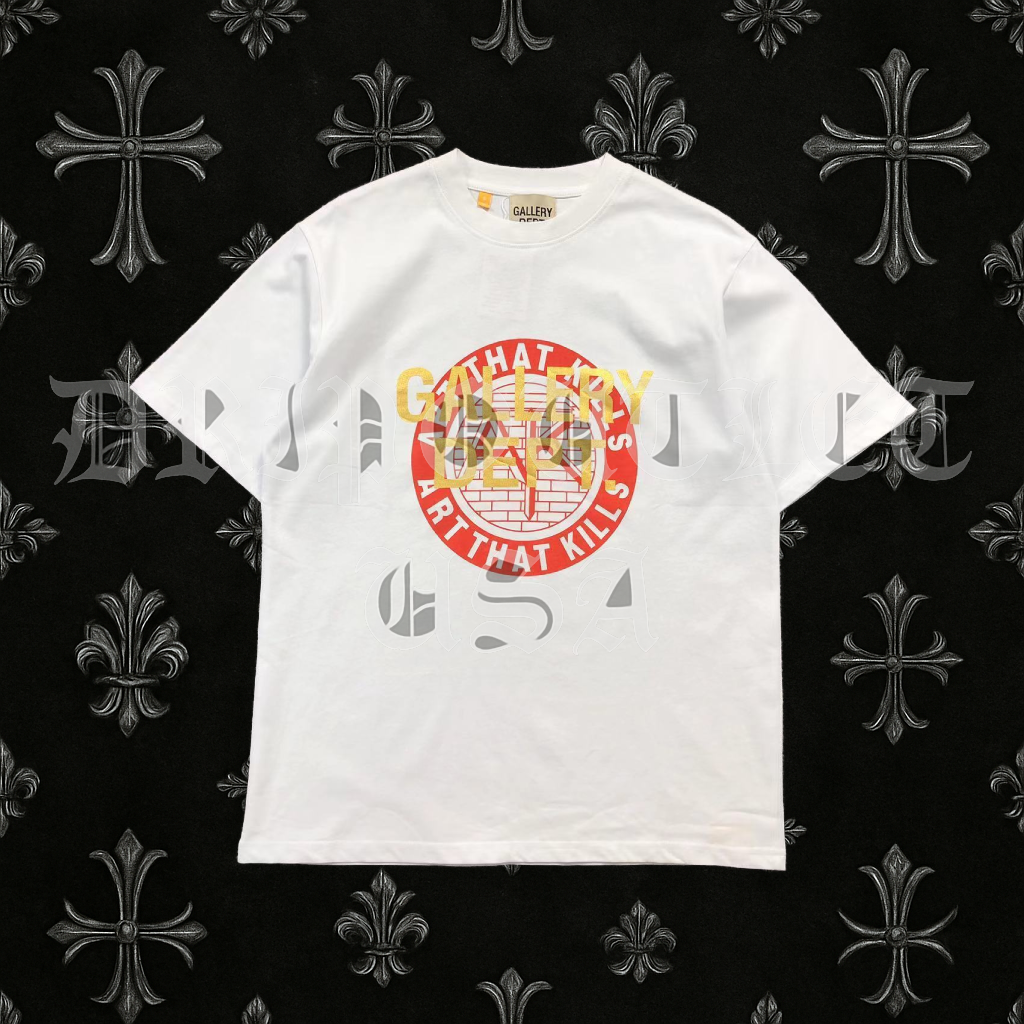 Gallery Dept “Art That Kills” White Graphic T-Shirt – Red & Yellow Logo Print