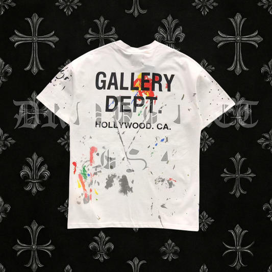 Gallery Dept “Hollywood CA” Paint Splatter T-Shirt – White Distressed Artist Tee
