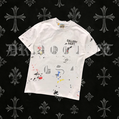 Gallery Dept “Hollywood CA” Paint Splatter T-Shirt – White Distressed Artist Tee