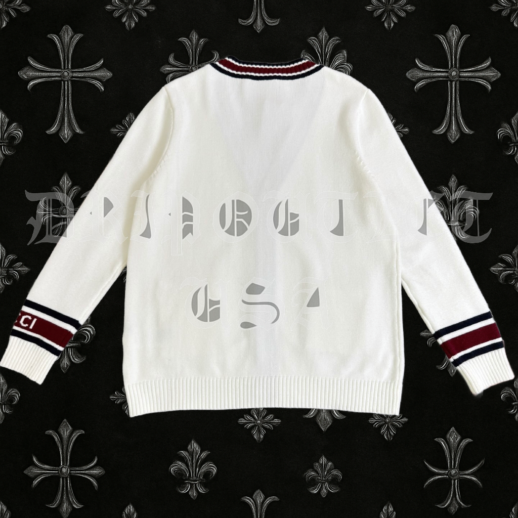 Gucci Ivory Wool Web Trim Cardigan – Red & Navy Striped Designer Knit