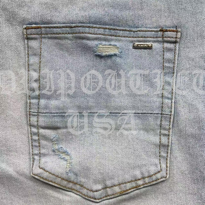 Amiri Blue Bleached Distressed Logo Skinny Jeans
