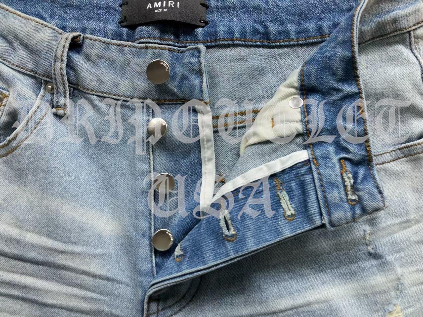 Amiri Blue Bleached Distressed Logo Skinny Jeans