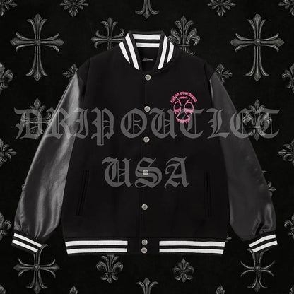 Chrome Hearts Pink Cross Leather Varsity Jacket