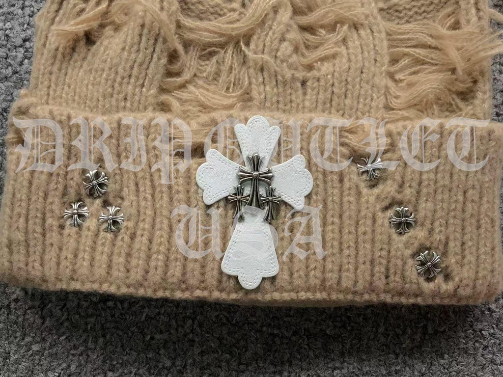 Chrome Hearts Leather Cross Beanie Cap - Cream / Gray / Beige / Green / Black