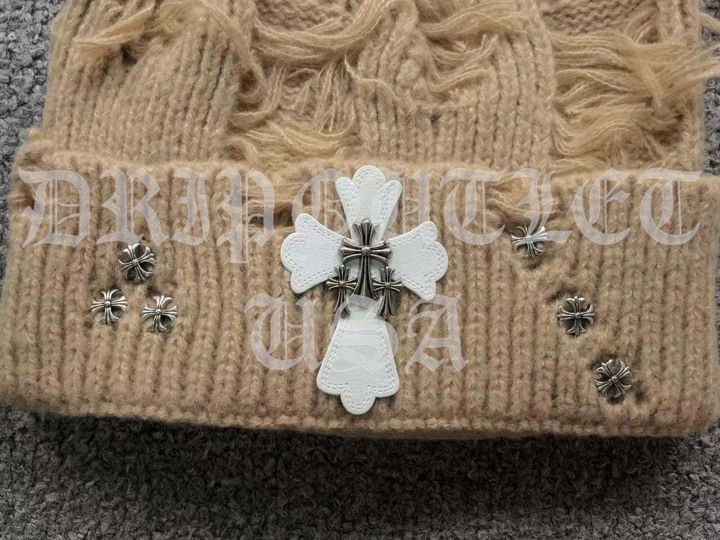 Chrome Hearts Leather Cross Beanie Cap - Cream / Gray / Beige / Green / Black