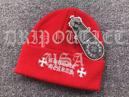 Chrome Hearts "Chrome Hearts" Logo Beanie Cap - White / Red / Gray / Black