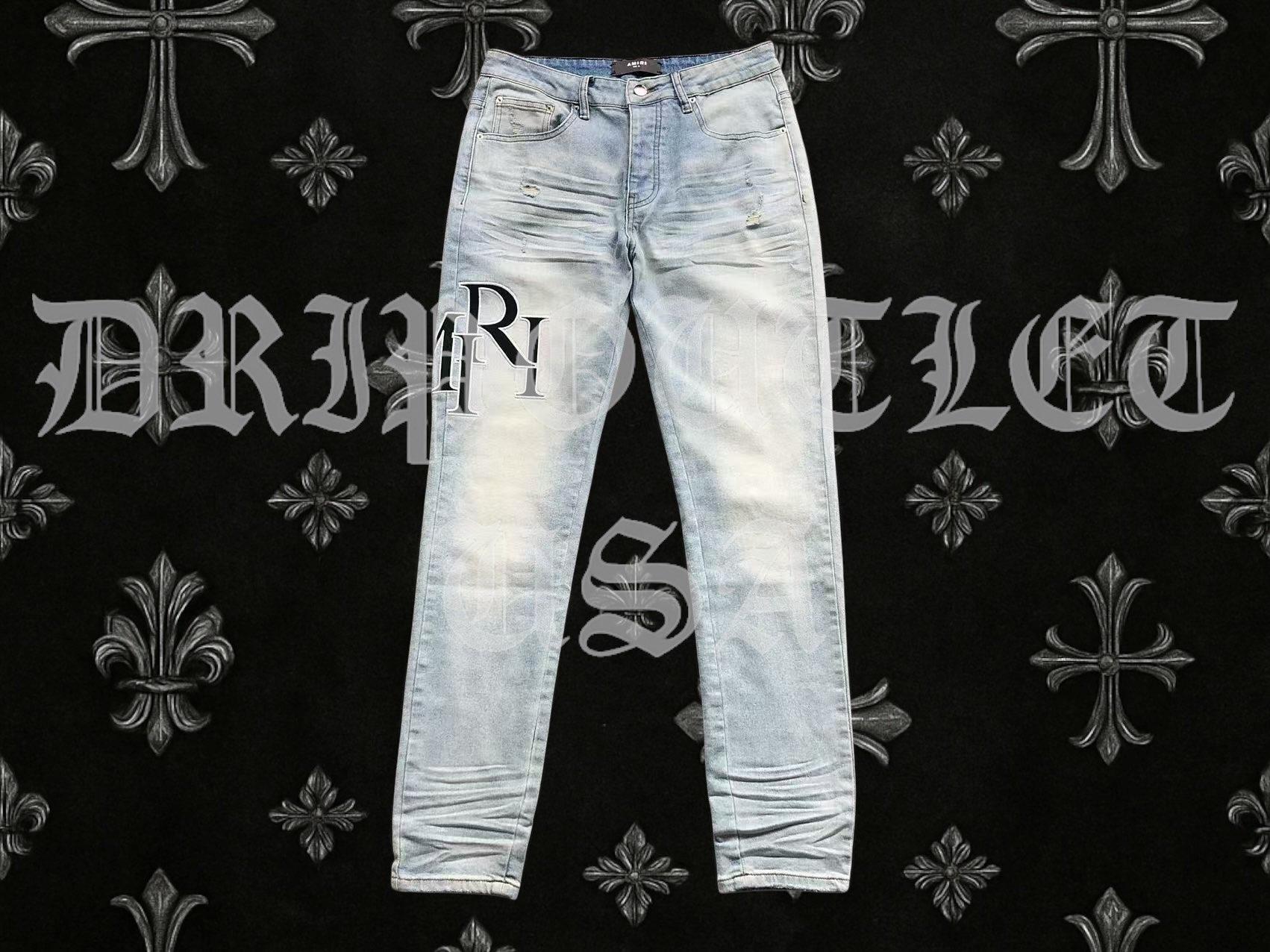 Amiri Blue Bleached Distressed Logo Skinny Jeans