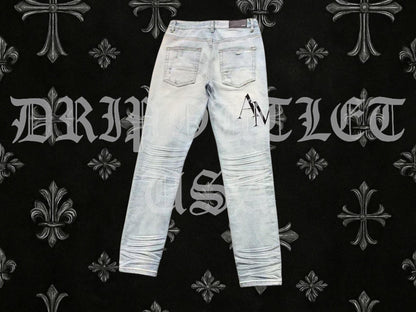 Amiri Blue Bleached Distressed Logo Skinny Jeans