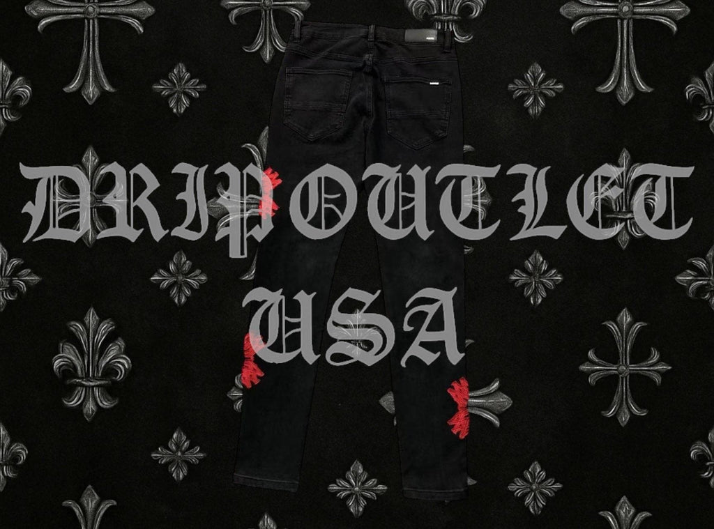 Amiri Red Patch Distressed Skinny Jeans