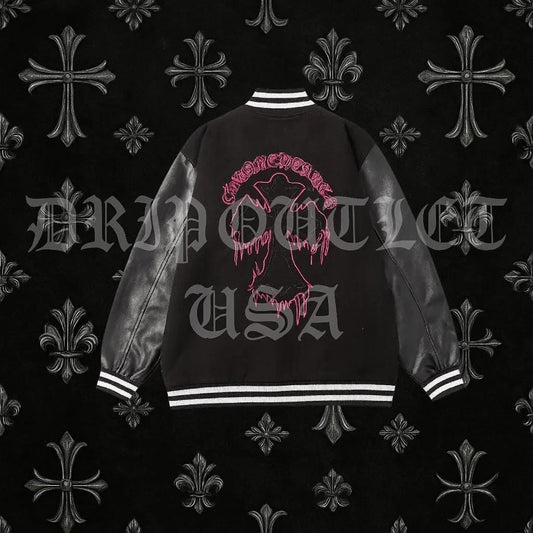 Chrome Hearts Pink Cross Leather Varsity Jacket