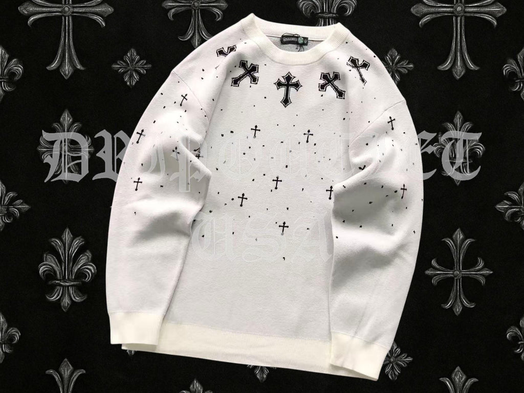 Chrome Hearts Knitted Neck Cross Logo Sweater - White / Black