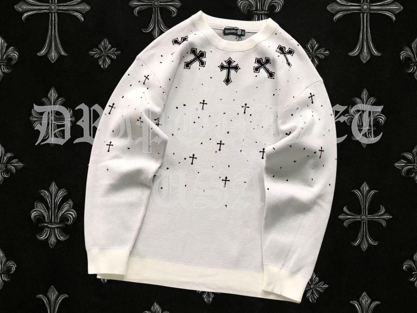 Chrome Hearts Knitted Neck Cross Logo Sweater - White / Black