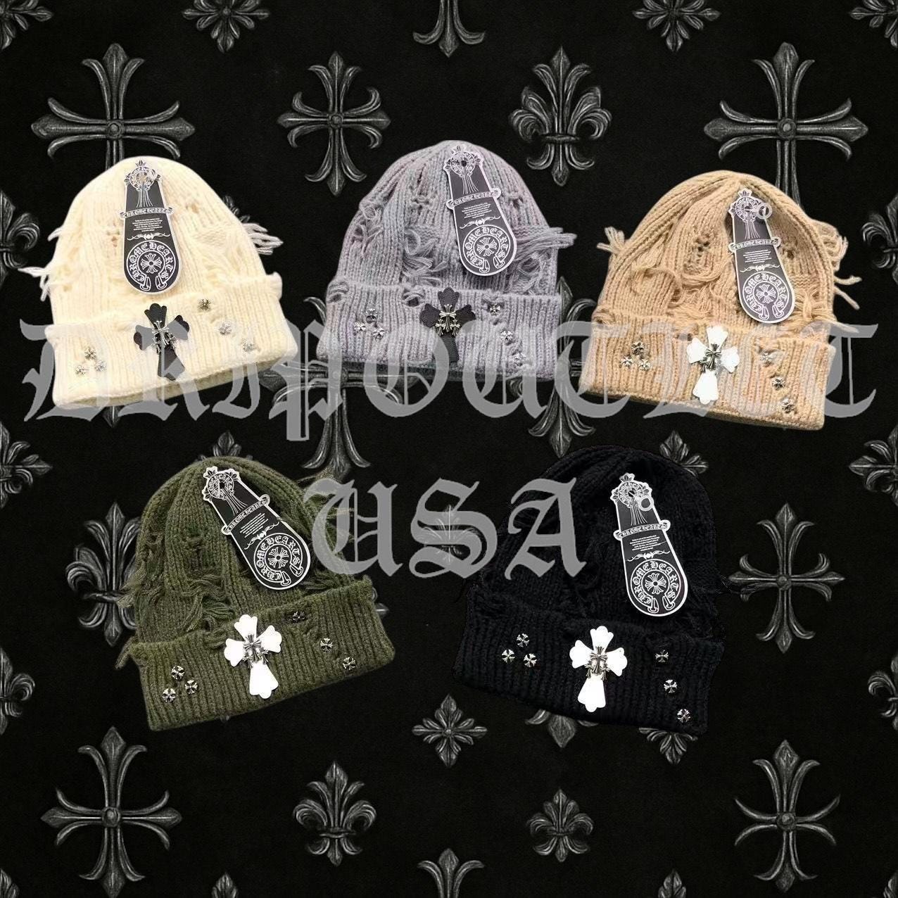 Chrome Hearts Leather Cross Beanie Cap - Cream / Gray / Beige / Green / Black