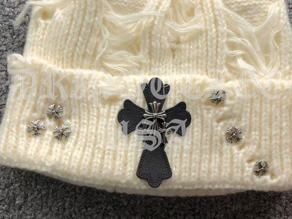 Chrome Hearts Leather Cross Beanie Cap - Cream / Gray / Beige / Green / Black
