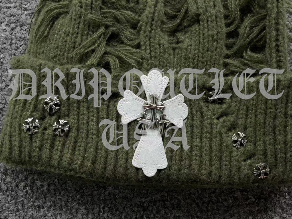 Chrome Hearts Leather Cross Beanie Cap - Cream / Gray / Beige / Green / Black