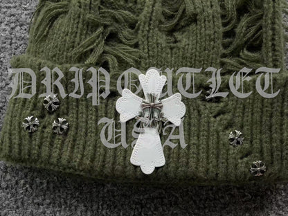 Chrome Hearts Leather Cross Beanie Cap - Cream / Gray / Beige / Green / Black