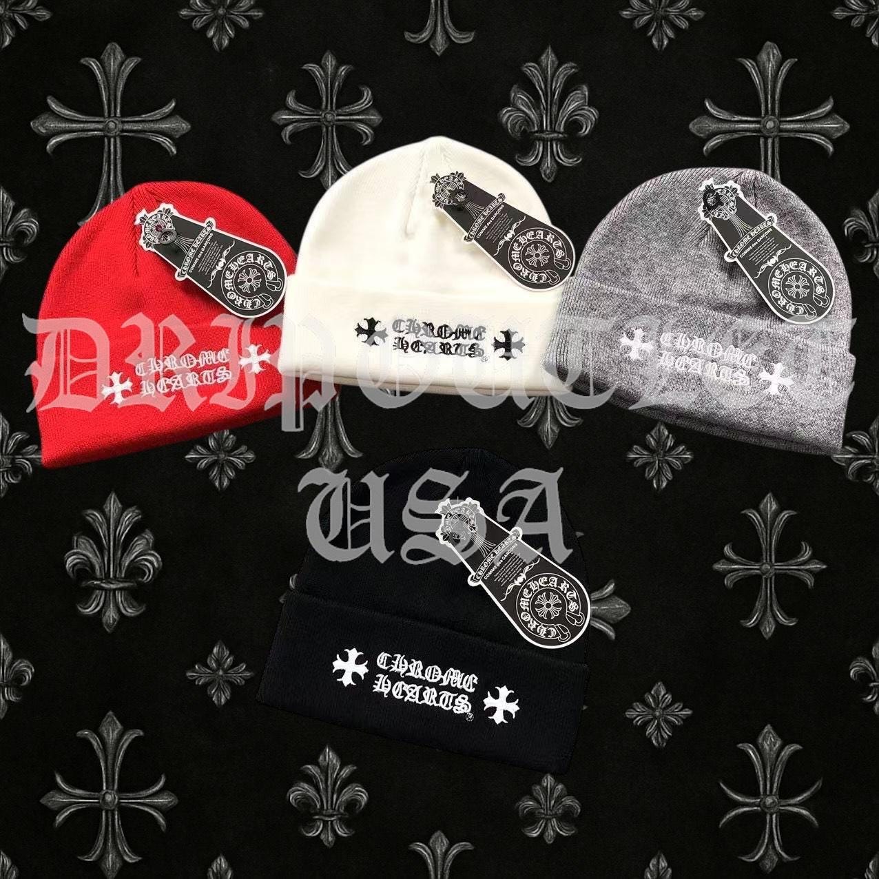 Chrome Hearts "Chrome Hearts" Logo Beanie Cap - White / Red / Gray / Black